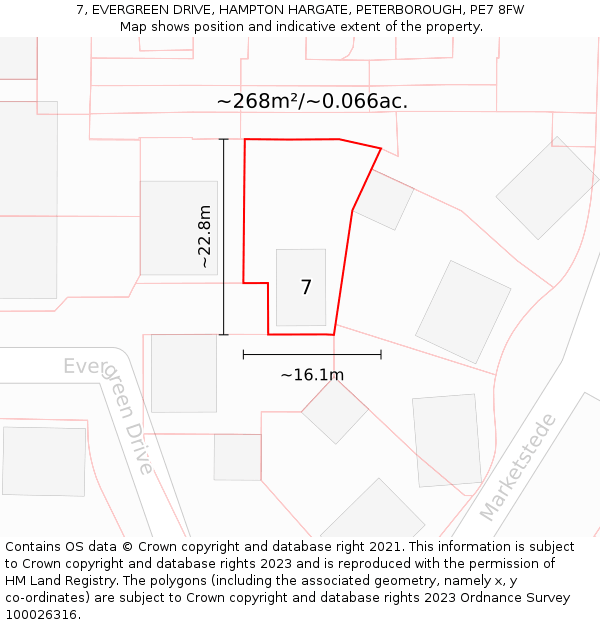 7, EVERGREEN DRIVE, HAMPTON HARGATE, PETERBOROUGH, PE7 8FW: Plot and title map