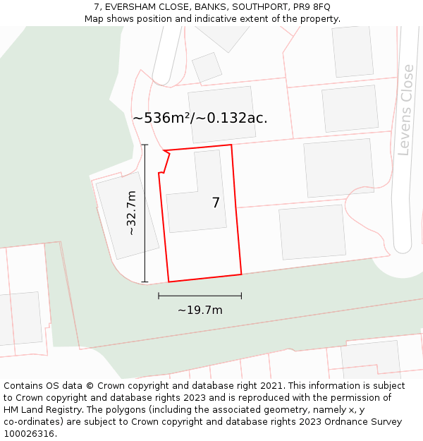 7, EVERSHAM CLOSE, BANKS, SOUTHPORT, PR9 8FQ: Plot and title map