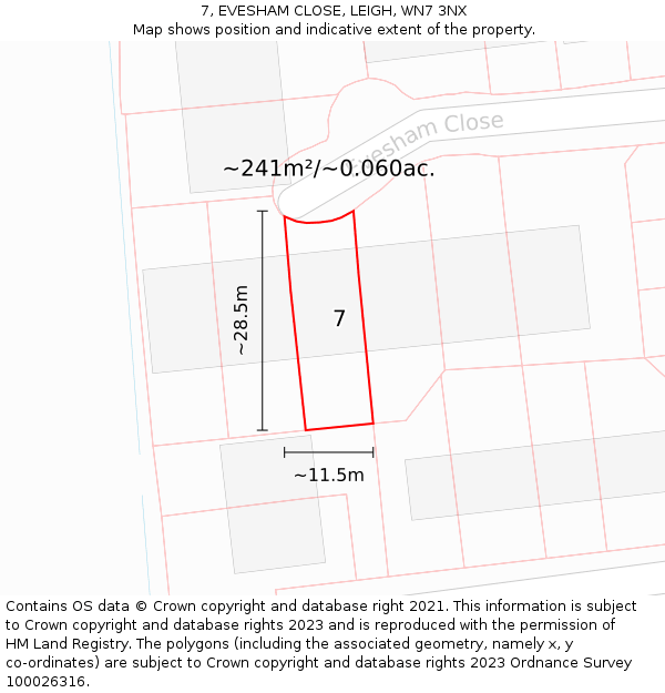 7, EVESHAM CLOSE, LEIGH, WN7 3NX: Plot and title map