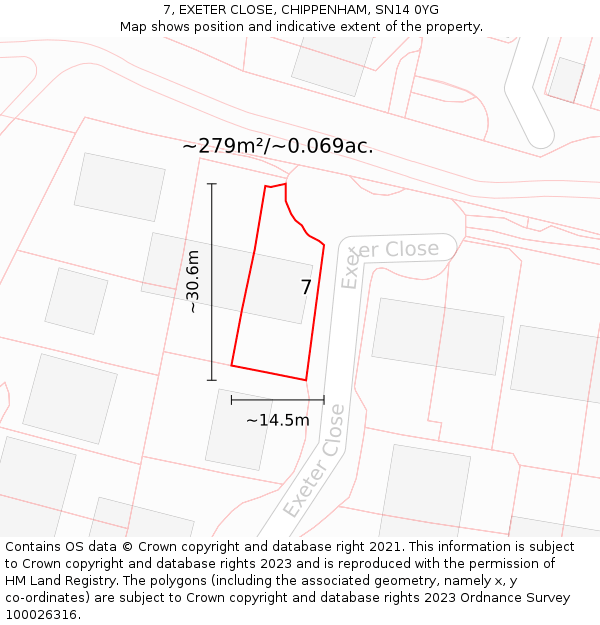 7, EXETER CLOSE, CHIPPENHAM, SN14 0YG: Plot and title map