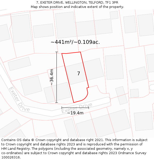 7, EXETER DRIVE, WELLINGTON, TELFORD, TF1 3PR: Plot and title map