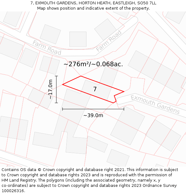 7, EXMOUTH GARDENS, HORTON HEATH, EASTLEIGH, SO50 7LL: Plot and title map