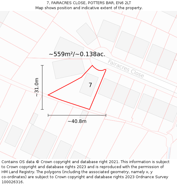 7, FAIRACRES CLOSE, POTTERS BAR, EN6 2LT: Plot and title map