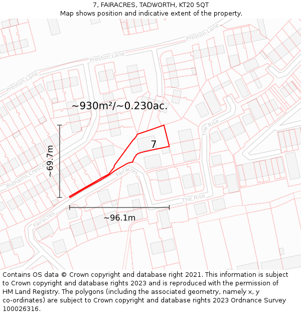 7, FAIRACRES, TADWORTH, KT20 5QT: Plot and title map