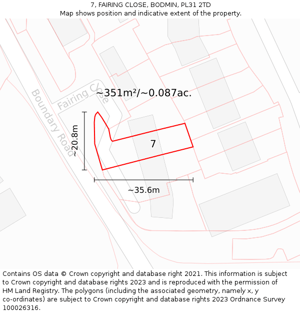 7, FAIRING CLOSE, BODMIN, PL31 2TD: Plot and title map