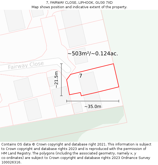 7, FAIRWAY CLOSE, LIPHOOK, GU30 7XD: Plot and title map