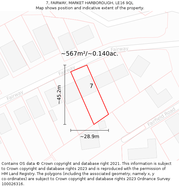 7, FAIRWAY, MARKET HARBOROUGH, LE16 9QL: Plot and title map