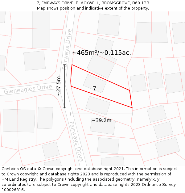 7, FAIRWAYS DRIVE, BLACKWELL, BROMSGROVE, B60 1BB: Plot and title map
