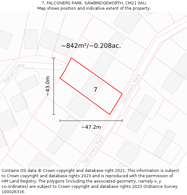 7, FALCONERS PARK, SAWBRIDGEWORTH, CM21 0AU: Plot and title map