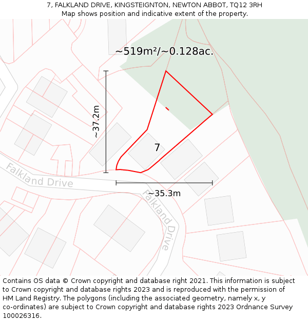 7, FALKLAND DRIVE, KINGSTEIGNTON, NEWTON ABBOT, TQ12 3RH: Plot and title map