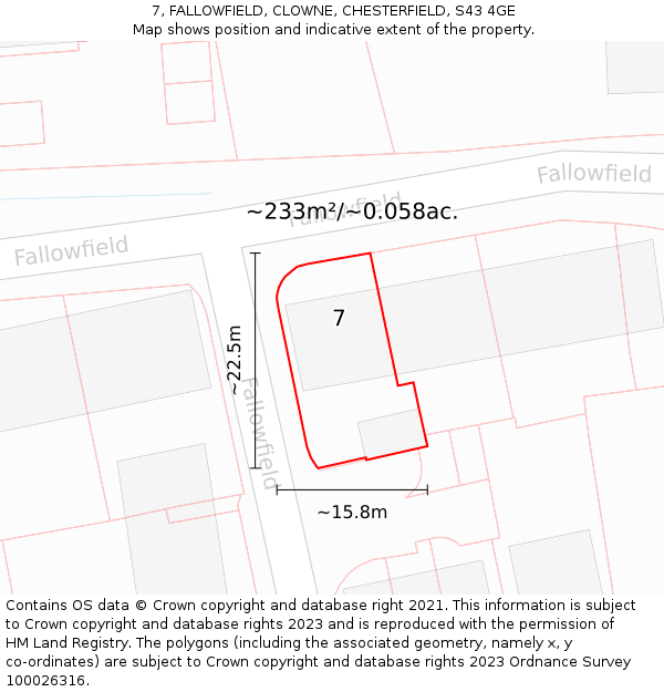 7, FALLOWFIELD, CLOWNE, CHESTERFIELD, S43 4GE: Plot and title map