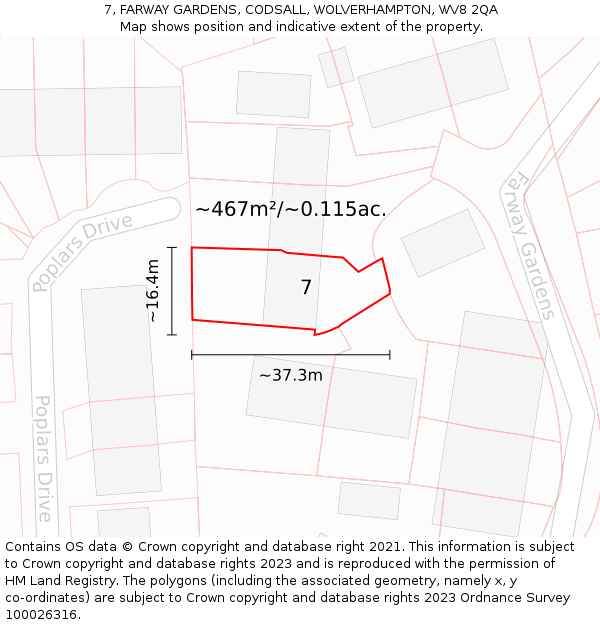 7, FARWAY GARDENS, CODSALL, WOLVERHAMPTON, WV8 2QA: Plot and title map