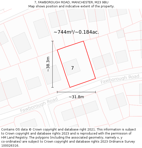 7, FAWBOROUGH ROAD, MANCHESTER, M23 9BU: Plot and title map