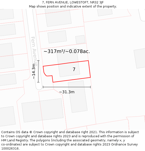 7, FERN AVENUE, LOWESTOFT, NR32 3JF: Plot and title map