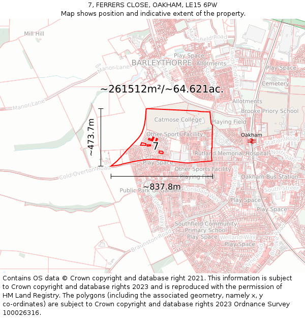 7, FERRERS CLOSE, OAKHAM, LE15 6PW: Plot and title map