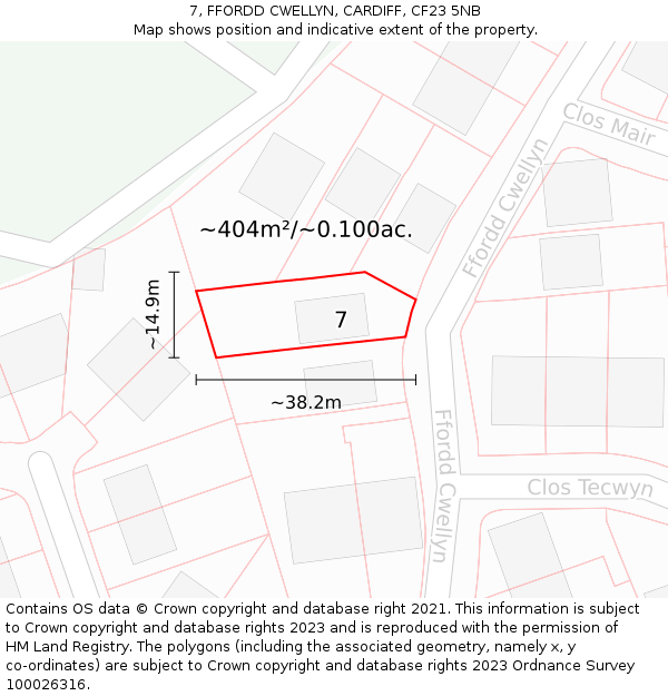 7, FFORDD CWELLYN, CARDIFF, CF23 5NB: Plot and title map