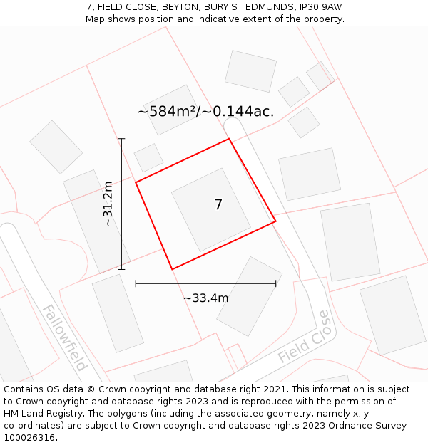 7, FIELD CLOSE, BEYTON, BURY ST EDMUNDS, IP30 9AW: Plot and title map