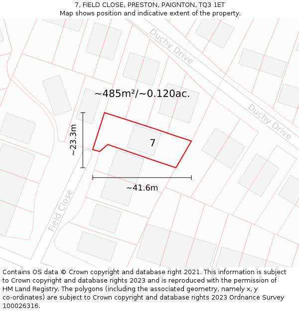 7, FIELD CLOSE, PRESTON, PAIGNTON, TQ3 1ET: Plot and title map