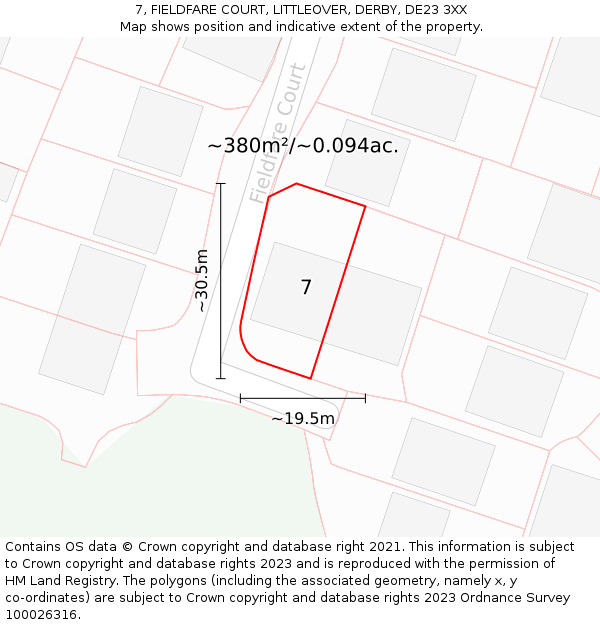 7, FIELDFARE COURT, LITTLEOVER, DERBY, DE23 3XX: Plot and title map