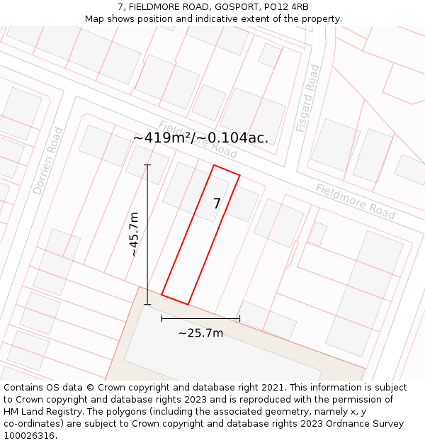 7, FIELDMORE ROAD, GOSPORT, PO12 4RB: Plot and title map