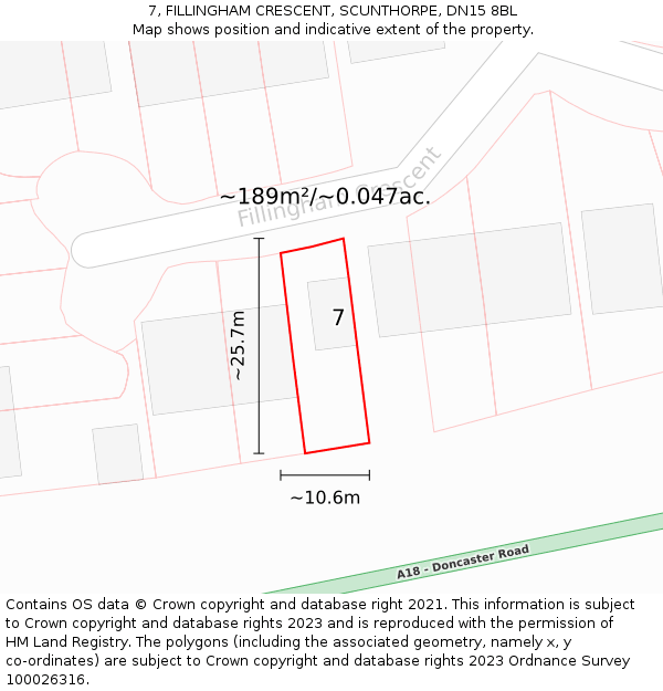 7, FILLINGHAM CRESCENT, SCUNTHORPE, DN15 8BL: Plot and title map