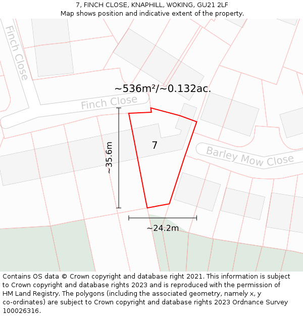 7, FINCH CLOSE, KNAPHILL, WOKING, GU21 2LF: Plot and title map