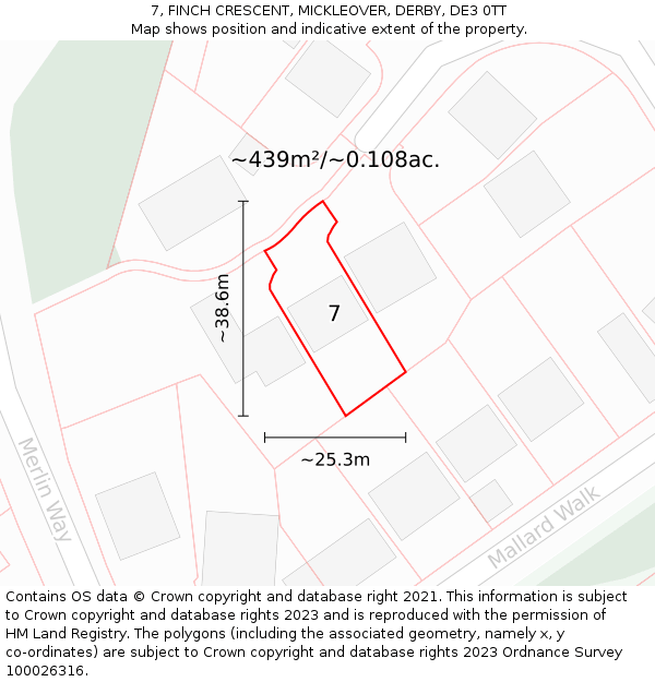 7, FINCH CRESCENT, MICKLEOVER, DERBY, DE3 0TT: Plot and title map