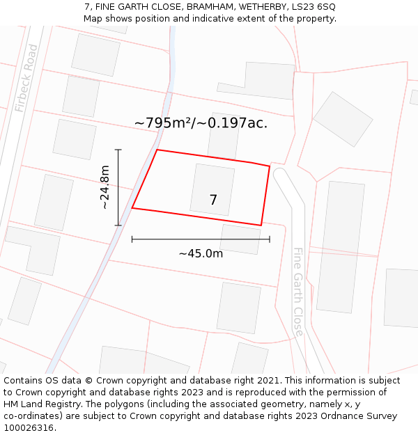 7, FINE GARTH CLOSE, BRAMHAM, WETHERBY, LS23 6SQ: Plot and title map