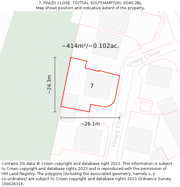 7, FINLEY CLOSE, TOTTON, SOUTHAMPTON, SO40 2BL: Plot and title map