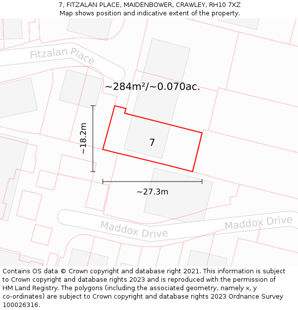 7, FITZALAN PLACE, MAIDENBOWER, CRAWLEY, RH10 7XZ: Plot and title map