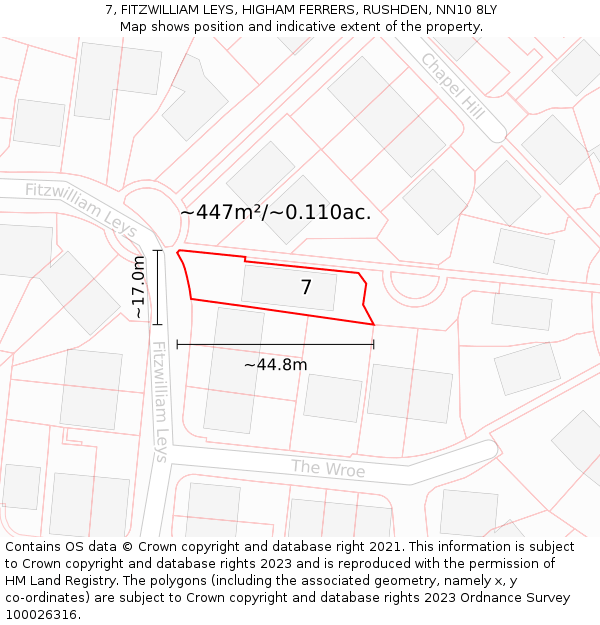 7, FITZWILLIAM LEYS, HIGHAM FERRERS, RUSHDEN, NN10 8LY: Plot and title map