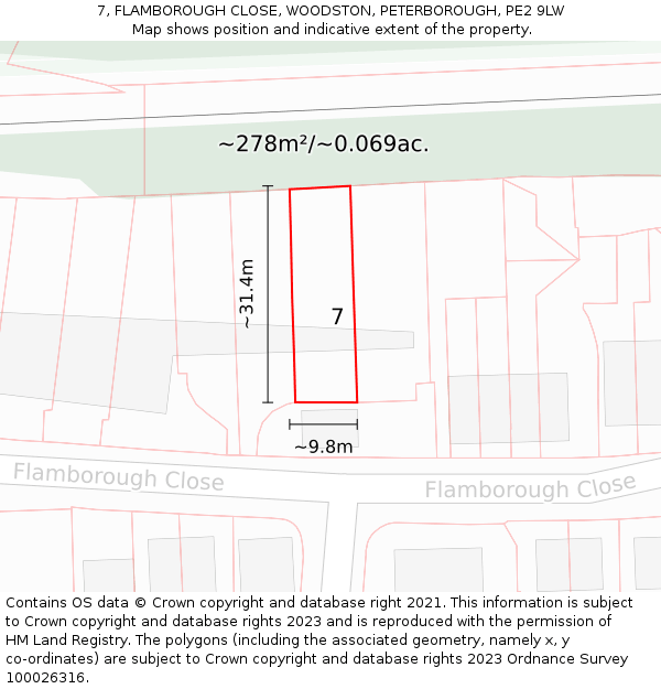 7, FLAMBOROUGH CLOSE, WOODSTON, PETERBOROUGH, PE2 9LW: Plot and title map