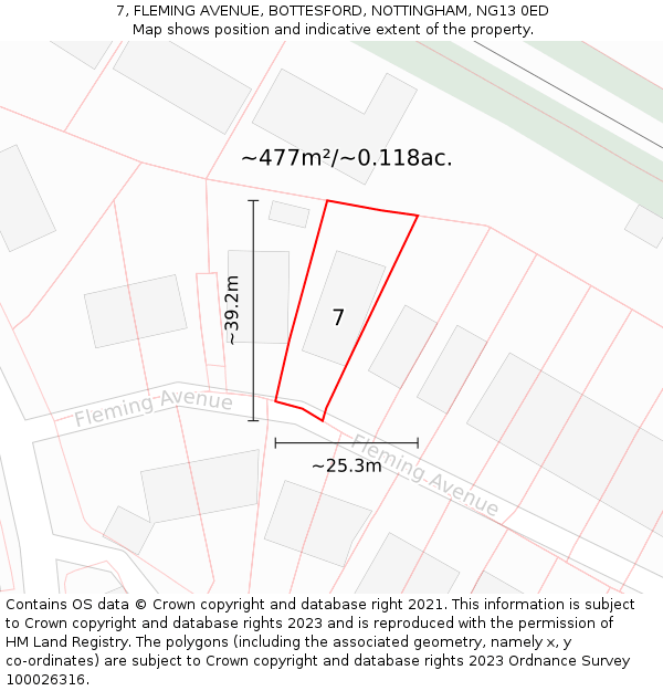 7, FLEMING AVENUE, BOTTESFORD, NOTTINGHAM, NG13 0ED: Plot and title map