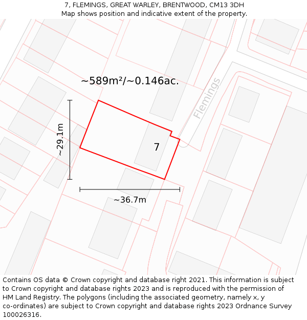 7, FLEMINGS, GREAT WARLEY, BRENTWOOD, CM13 3DH: Plot and title map