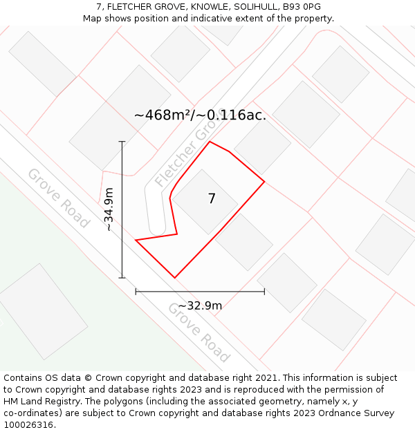 7, FLETCHER GROVE, KNOWLE, SOLIHULL, B93 0PG: Plot and title map