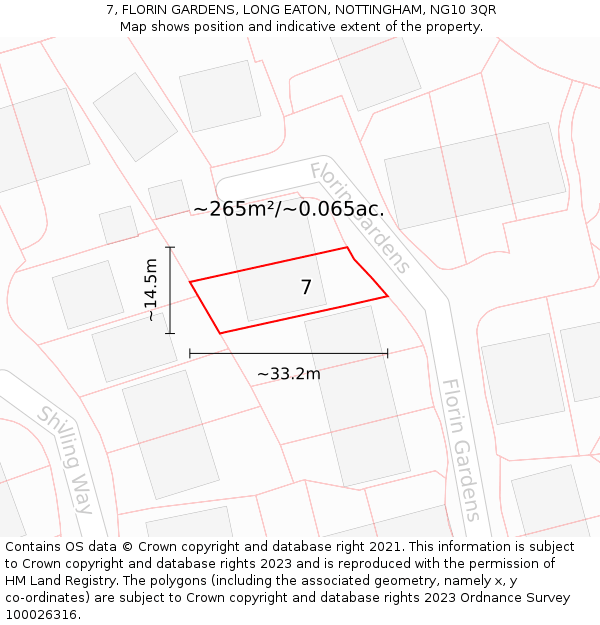 7, FLORIN GARDENS, LONG EATON, NOTTINGHAM, NG10 3QR: Plot and title map