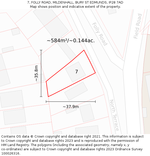 7, FOLLY ROAD, MILDENHALL, BURY ST EDMUNDS, IP28 7AD: Plot and title map
