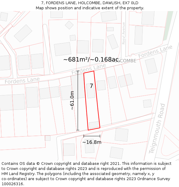7, FORDENS LANE, HOLCOMBE, DAWLISH, EX7 0LD: Plot and title map