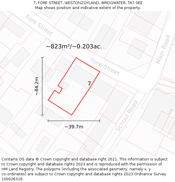 7, FORE STREET, WESTONZOYLAND, BRIDGWATER, TA7 0EE: Plot and title map
