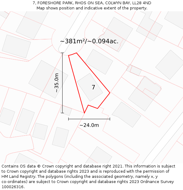 7, FORESHORE PARK, RHOS ON SEA, COLWYN BAY, LL28 4ND: Plot and title map