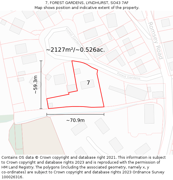 7, FOREST GARDENS, LYNDHURST, SO43 7AF: Plot and title map