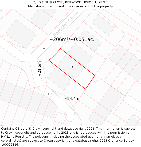 7, FORESTER CLOSE, PINEWOOD, IPSWICH, IP8 3TF: Plot and title map