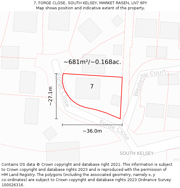 7, FORGE CLOSE, SOUTH KELSEY, MARKET RASEN, LN7 6PY: Plot and title map
