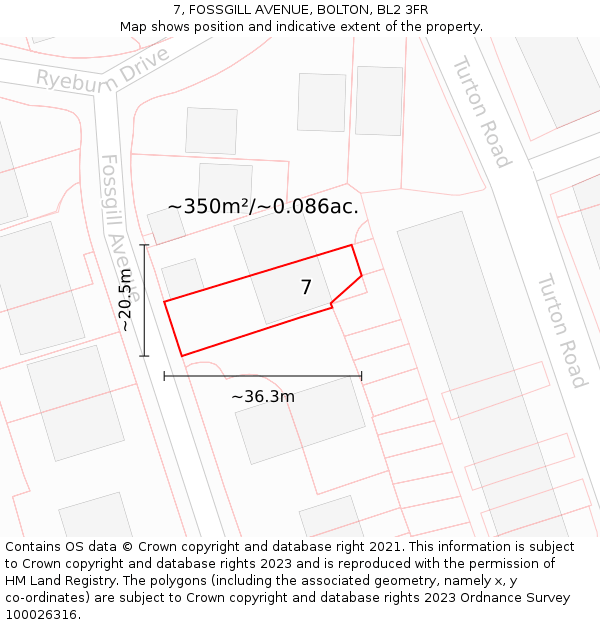 7, FOSSGILL AVENUE, BOLTON, BL2 3FR: Plot and title map