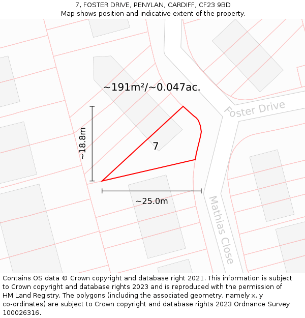 7, FOSTER DRIVE, PENYLAN, CARDIFF, CF23 9BD: Plot and title map