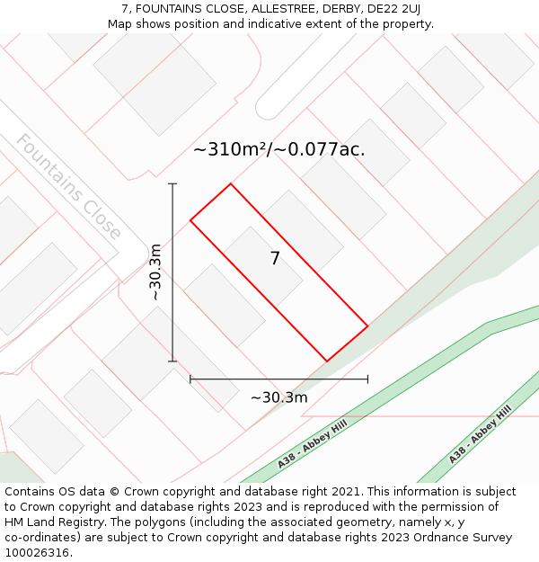 7, FOUNTAINS CLOSE, ALLESTREE, DERBY, DE22 2UJ: Plot and title map