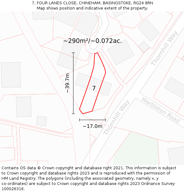7, FOUR LANES CLOSE, CHINEHAM, BASINGSTOKE, RG24 8RN: Plot and title map