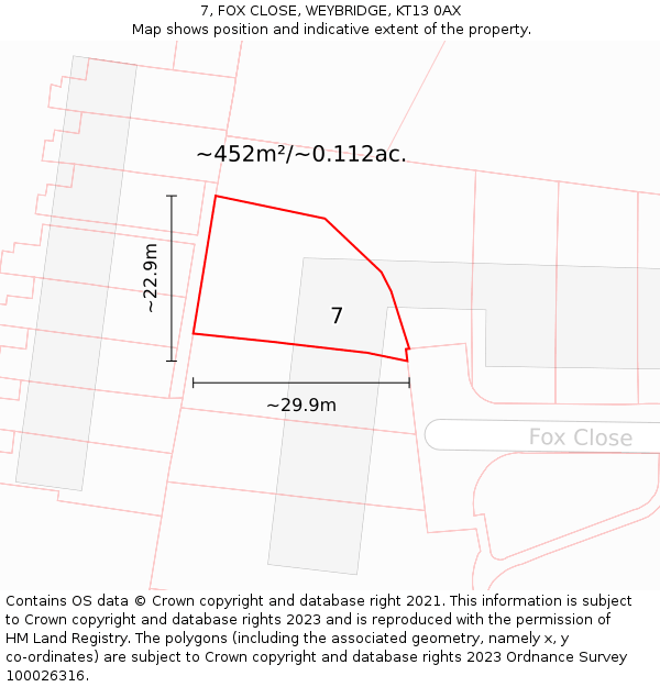 7, FOX CLOSE, WEYBRIDGE, KT13 0AX: Plot and title map