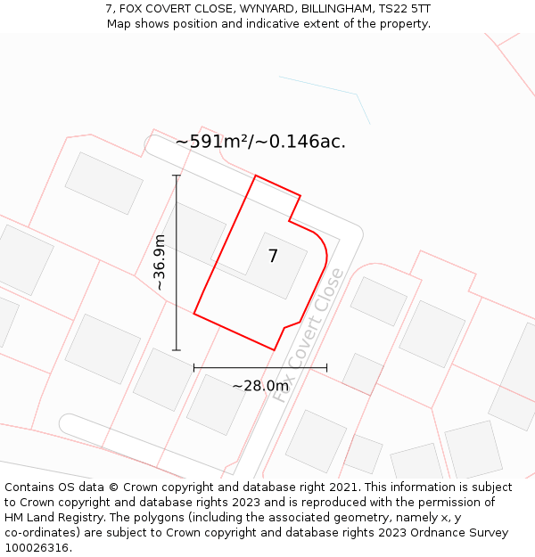 7, FOX COVERT CLOSE, WYNYARD, BILLINGHAM, TS22 5TT: Plot and title map