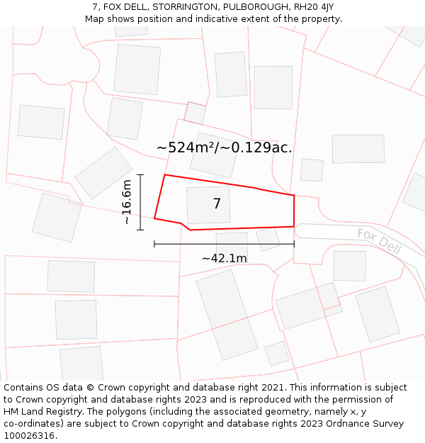 7, FOX DELL, STORRINGTON, PULBOROUGH, RH20 4JY: Plot and title map